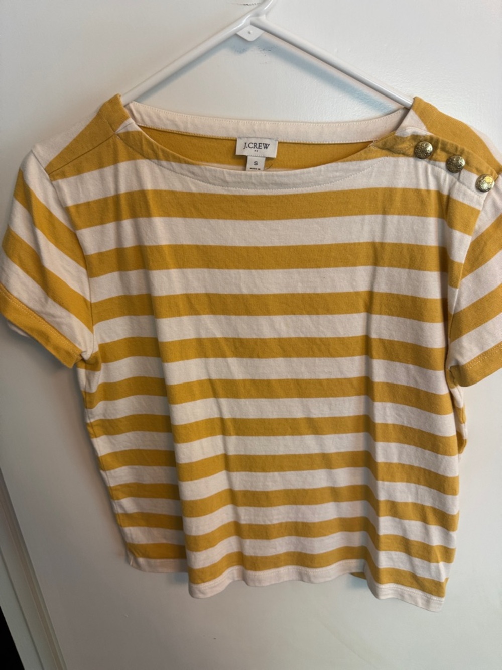 J. Crew Mustard and Cream Striped Button-Shoulder Tee